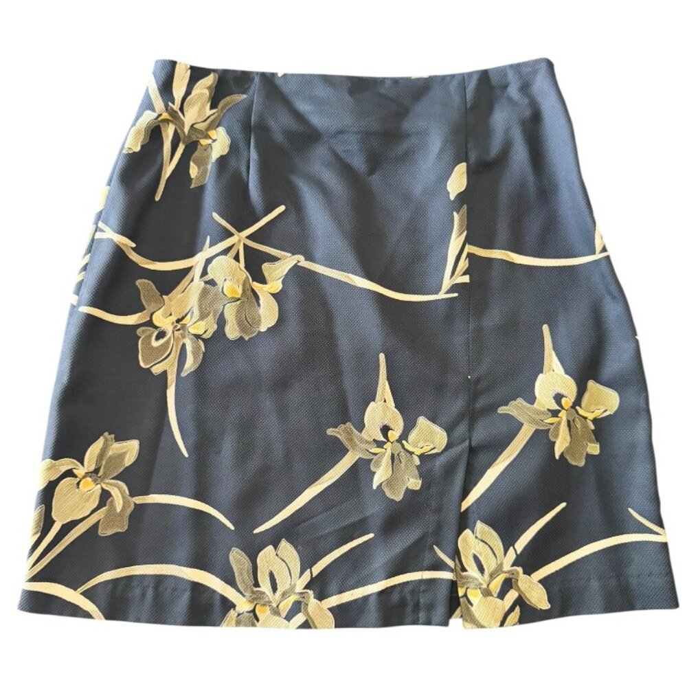 Tommy Bahama Floral Navy Tan Iris Vacation 100% Silk Skirt Size 8